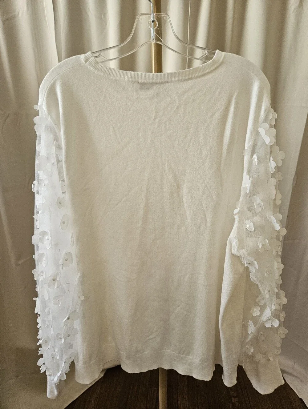 Sioni Off White Fuzzy Sweater Sheer Bubble Sleeves 3D Floral Top 3X
